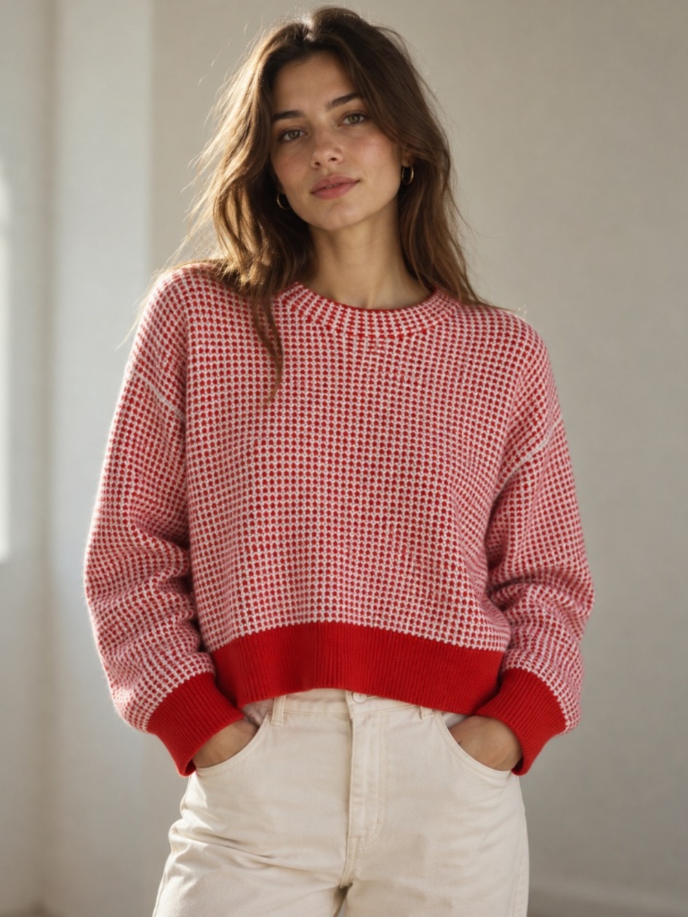 Club Monaco NWT Red White Textured Knit Crewneck Sweater Size S